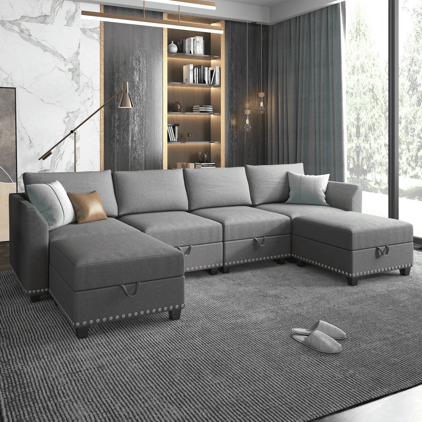 Mjkone U Shaped Sectional Sofa With Storage, 6 Seater Modular Sectional Sofa  With Nailhead Trim, Oversized Sleeper Sofa Couch Bed, Convertible Couches  For Living Room,Free Combination (Dark Grey） – Walmart Throughout 6 Seater Modular Sectional Sofas (Photo 1 of 15)