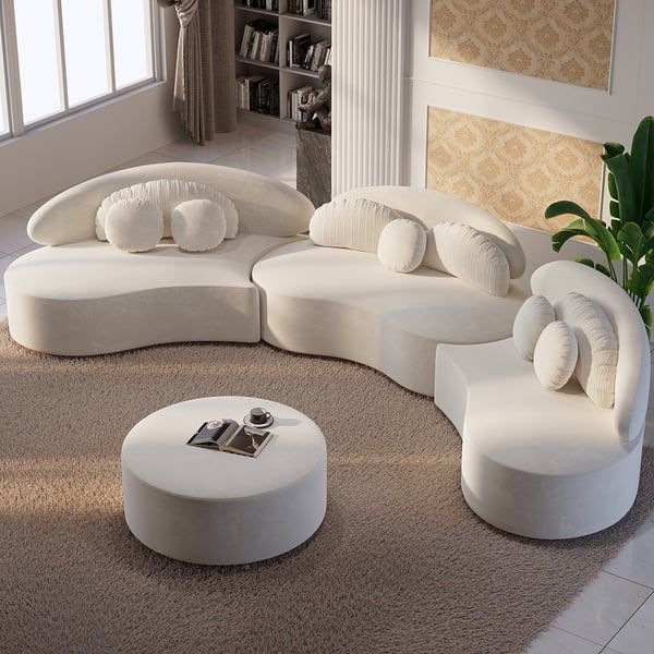 Modern 7 Seat Sofa Curved Sectional Modular Beige Velvet Upholstered With  Ottoman Homary Intended For 7 Seater Sectional Couch With Ottoman And 3 Pillows (View 15 of 15)