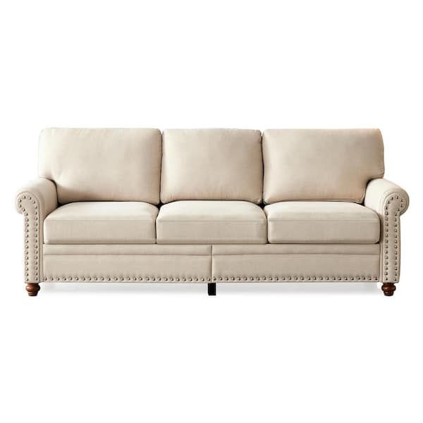 Modern 82.68 In W Round Arm Linen Upholstery Polyester Nailhead Trim  Straight 3 Seat Sofa With Storage In Beige Zy W1097S00055 – The Home Depot Within Sofas With Nailhead Trim (Photo 8 of 15)