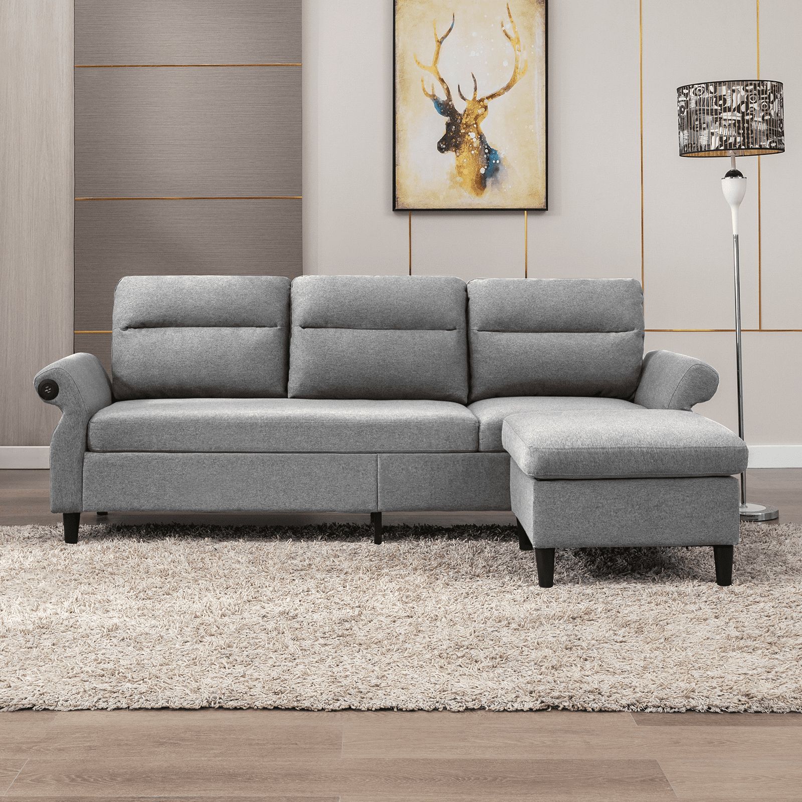 Muzz Convertible Sectional Sofa Couch, 3 Seat L Shape Sofa Couch With 2 Usb  Ports And Adjustable Armrest, Small Reversible Sectional Couches With  Ottoman For Living Room, Apartment, Light Grey – Walmart Regarding Adjustable Armrest Sofa Couches (View 3 of 15)