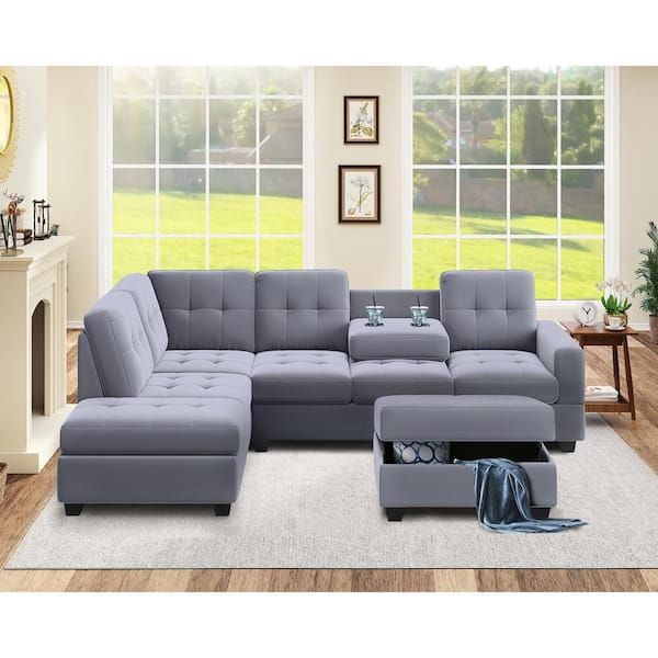 Nestfair 112 In. Square Arm 3 Piece L Shaped Velvet Upholstered Sectional  Sofa In Gray With Storage Ottoman S10082A – The Home Depot Pertaining To Upholstered Modular Couches With Storage (Photo 13 of 15)