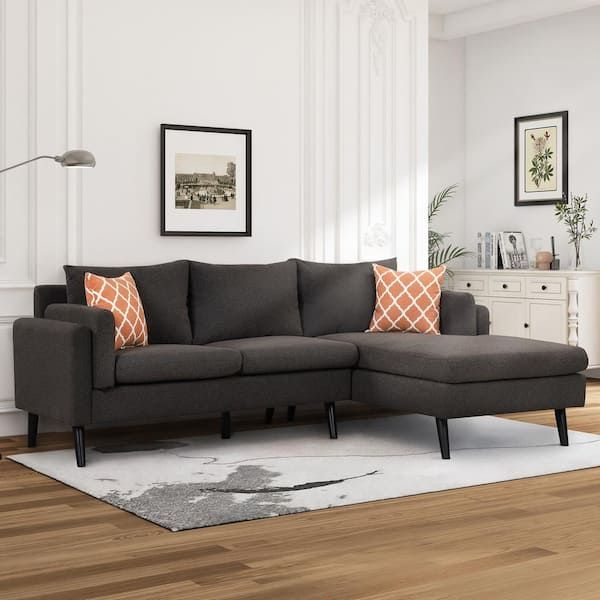 Nestfair 85 In. W Black Brown Square Arm Linen Upholstered L Shaped  3 Seater Sofa Couch With 2 Pillows S10080B – The Home Depot Throughout Modern L Shaped Fabric Upholstered Couches (Photo 13 of 15)