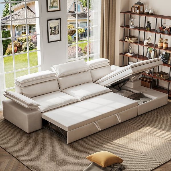 Off White Microfibres Reversible Sleeper Sectional Sofa With Chaise Pull  Out Sofa Bed Homary Intended For Reversible Pull Out Sofa Couches (Photo 6 of 15)