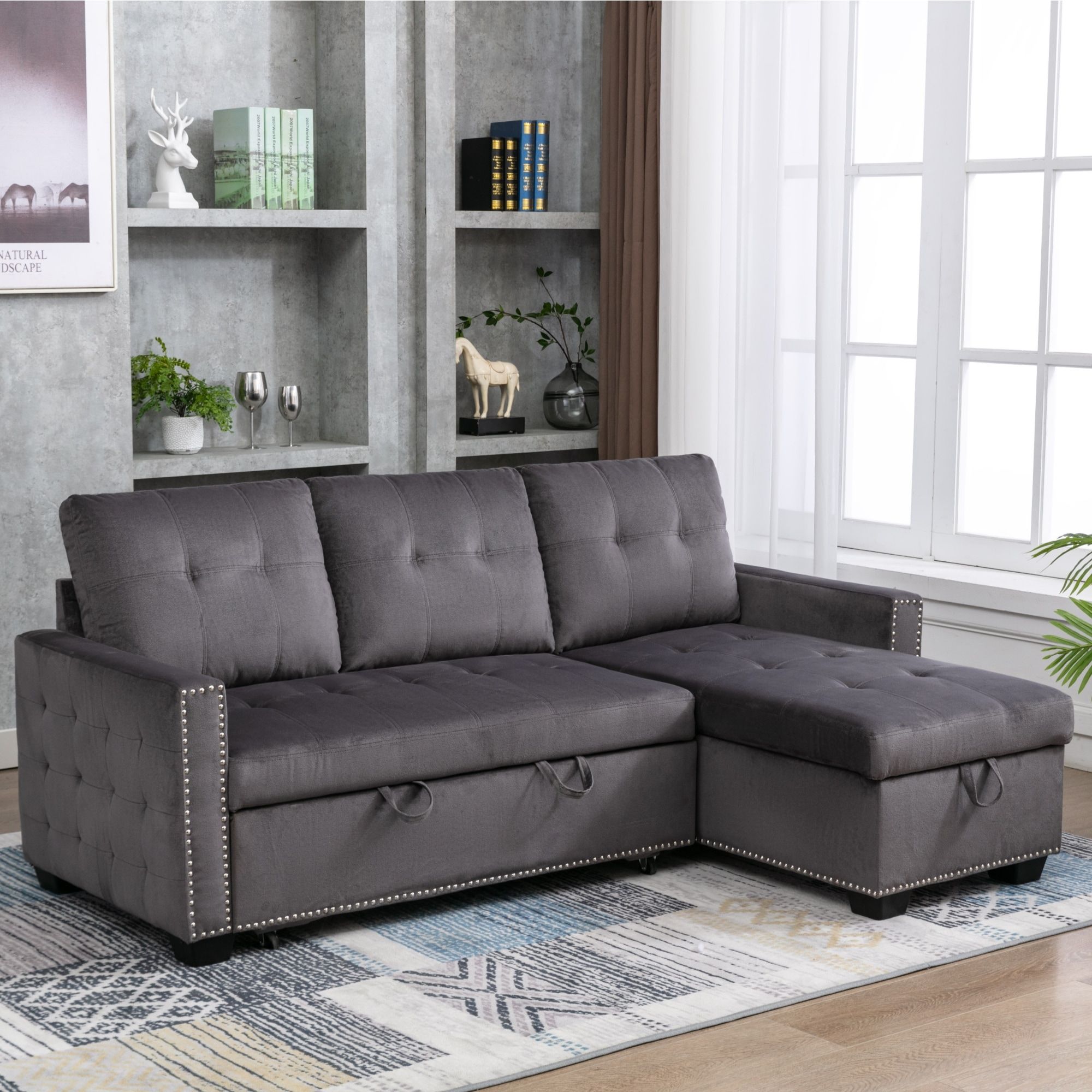Reversible Velvet Sectional Sofa Pull Out Sleeper Sofa Bed L Shape 3 Seat  Sectional Storage Chaise With Removable Cushions – On Sale – – 36958384 Pertaining To Chaise 3 Seat L Shaped Sleeper Sofas (View 2 of 15)