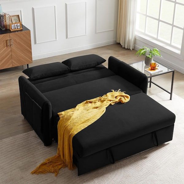 Seafuloy 55 In. Width Black Velvet Twin Sofa Bed With Adjustable Backrest  And 2 Pillows W1193S00005 1 – The Home Depot In Oversized Sleeper Sofa Couch Beds (Photo 5 of 15)