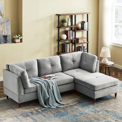 Sectional Sofa With Ottoman, Aukfa Reversible Corner Couch, Velvet  Upholstered L Shaped 3 Seater Couch Sofa Bed With Nail Head And Armrest For  Living Room Bedroom – Grey – Yahoo Shopping Inside 3 Seat Sofa Sectionals With Reversible Chaise (View 8 of 15)