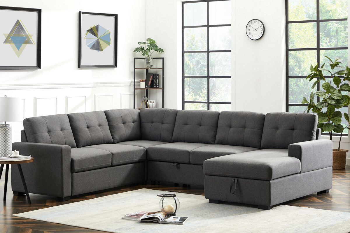 Selene Dark Gray Linen Fabric Sleeper Sectional Sofa With Storage Chaise –  1Stopbedrooms Regarding Sectional Sofa With Storage (Photo 14 of 15)