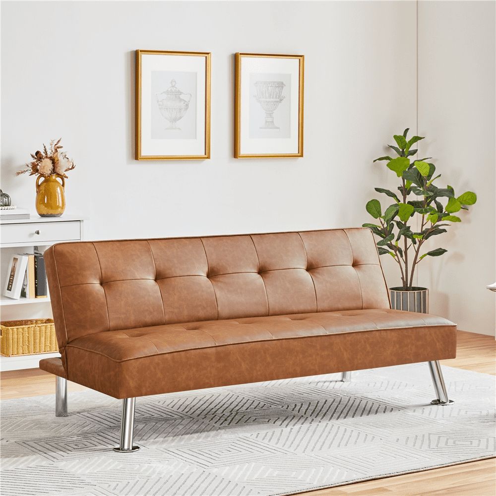 Smilemart Convertible Tufted Faux Leather Futon Sofa Bed With Chrome Metal  Legs, Brown – Walmart Throughout Chrome Metal Legs Sofas (View 8 of 15)