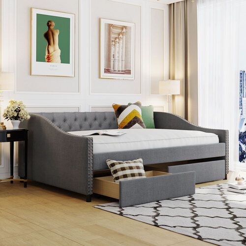 Twin/Full Size Upholstered Daybed W/ Drawers Sleeper Sofa Bed Wooden Bed  Frames | Ebay Pertaining To Oversized Sleeper Sofa Couch Beds (View 6 of 15)