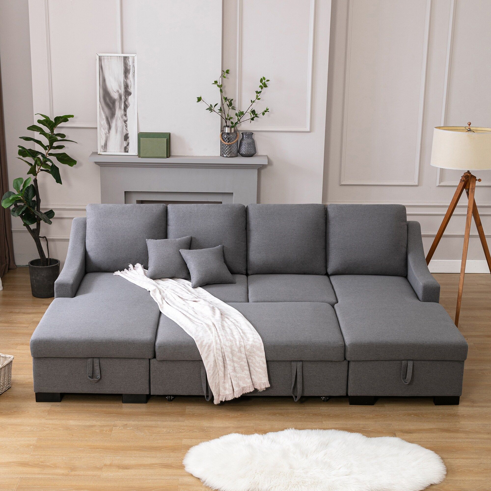U Shape Sleeper Sectional Sofa With Pulled Out Bed, 103.5" Upholstery Couch  With Double Storage Spaces & 2 Tossing Cushions – – 37311360 Regarding U Shaped Sectional Sofa With Pull Out Bed (Photo 4 of 15)