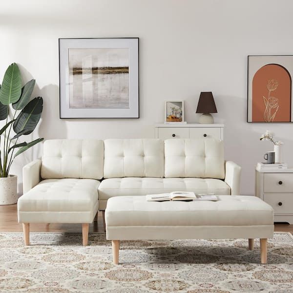 Urtr 81.7" Beige Fabric L Shaped Sectional Sofa Set, Convertible Full Size  Sofa Bed With Storage Chaise And Ottoman Bench Hy01721Y – The Home Depot With Regard To Convertible Sofas With Matching Chaise (Photo 14 of 15)