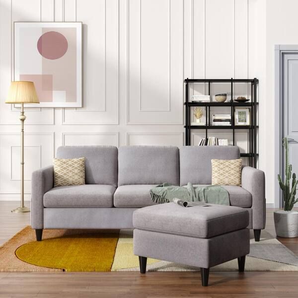 Urtr 82.6 In. W Square Arm Linen Modern L Shaped Sofa Ottoman 3 Seater Couch  For Living Room With Removable Gray Cushion Hy01178Y – The Home Depot Throughout Sectional Sofas With Movable Ottoman (Photo 11 of 15)