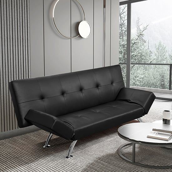 Venice Faux Leather Sofa Bed In Black With Chrome Metal Legs | Furniture In  Fashion Throughout Chrome Metal Legs Sofas (Photo 1 of 15)
