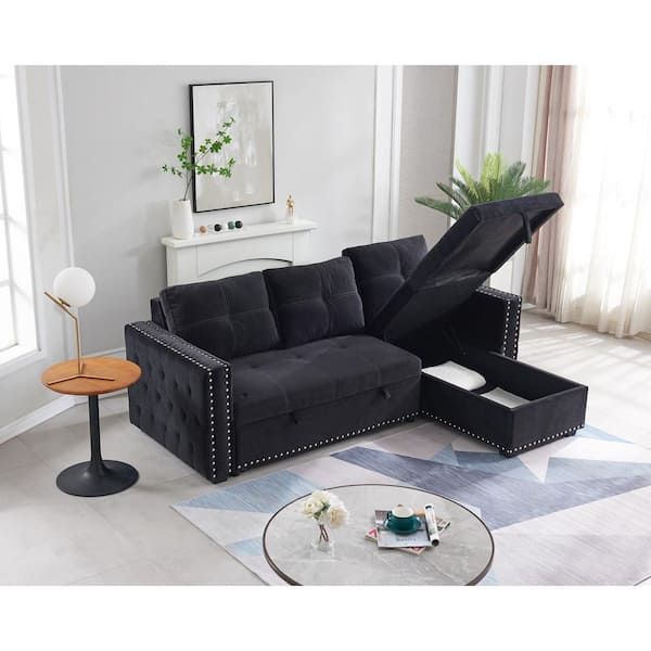 Z Joyee 91 In. Black Polyester Full Size 3 Seats Sectional Sofa Sofa Bed, 2 Seats  Sofa And Reversible Chaise With Storage F Fb857214886 – The Home Depot Pertaining To 3 Seat Sofa Sectionals With Reversible Chaise (Photo 6 of 15)