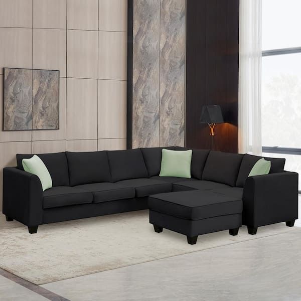 Zeus & Ruta Modular 112 In. W L Shaped 7 Seats Fabric Sectional Sofa With  Ottoman And 3 Pillows In Black Gs008210Aab – The Home Depot Regarding 7 Seater Sectional Couch With Ottoman And 3 Pillows (Photo 3 of 15)