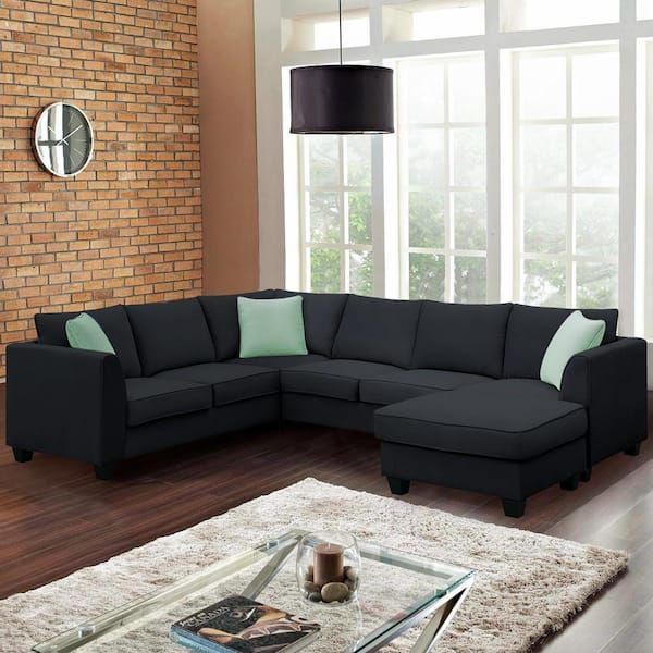 Zeus & Ruta Modular 112 In. W L Shaped 7 Seats Fabric Sectional Sofa With  Ottoman And 3 Pillows In Black Gs008210Aab – The Home Depot Within 7 Seater Sectional Couch With Ottoman And 3 Pillows (Photo 13 of 15)