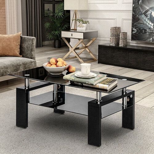 100Cm Glass Living Room Coffee Table Black Modern Rectangle With Lower Shelf  On Onbuy Pertaining To Glass Coffee Tables With Lower Shelves (View 6 of 15)