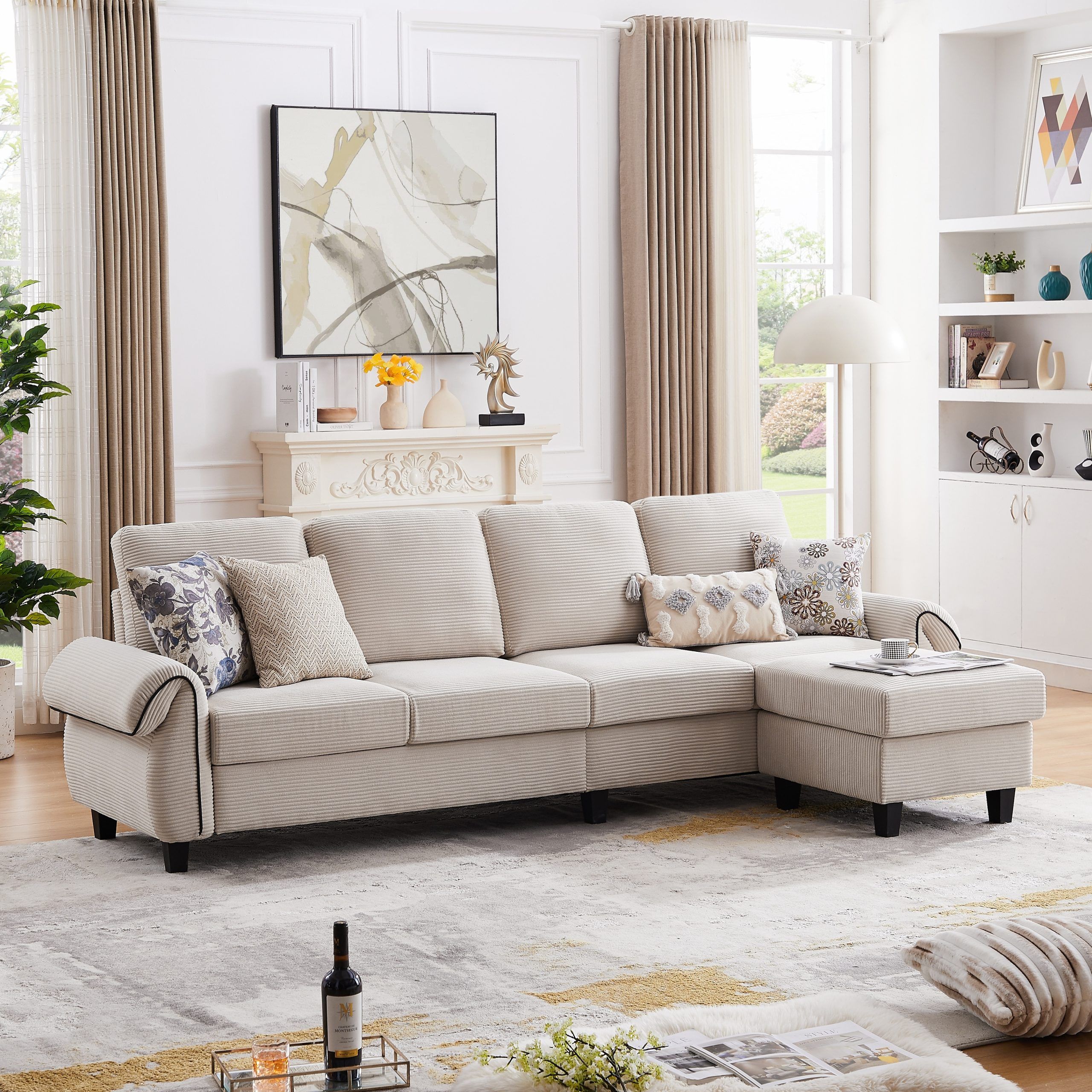 110.02 In. W Rolled Arms 4 Seat L Shaped Soft Corduroy Fabric Modern  Sectional Sofa With Reversible Ottoman – On Sale – Bed Bath & Beyond –  38916477 With Modern L Shaped Sofa Sectionals (Photo 13 of 15)