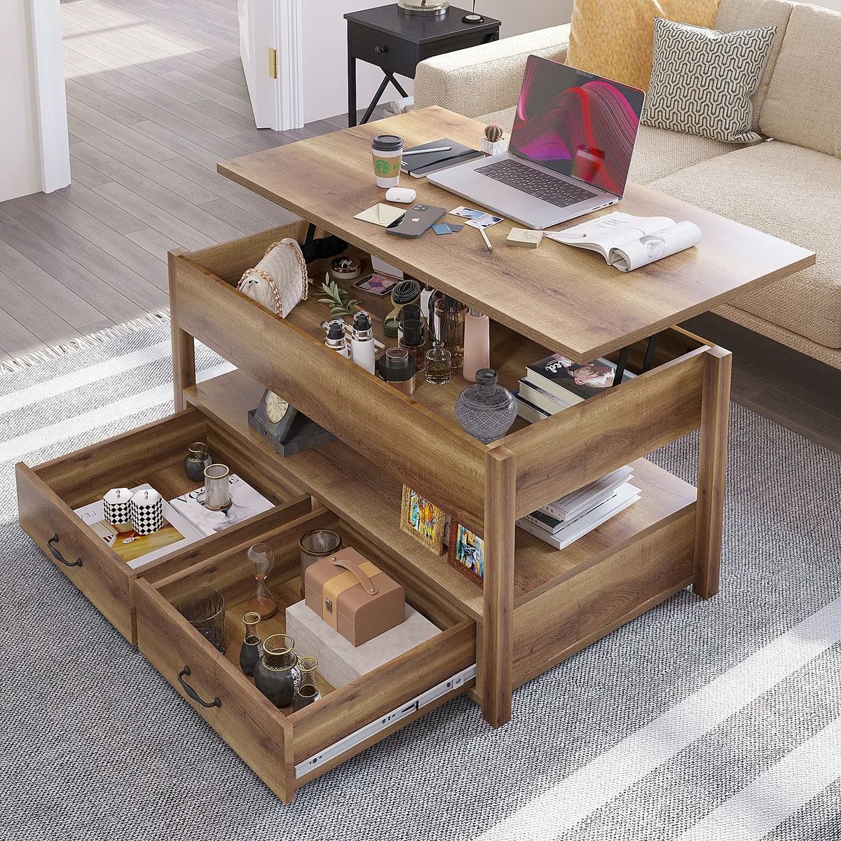 2 Drawer Lift Top Coffee Table Wooden With Hidden Compartment & Storage  Shelves | Ebay Intended For Lift Top Coffee Tables With Storage (View 5 of 15)