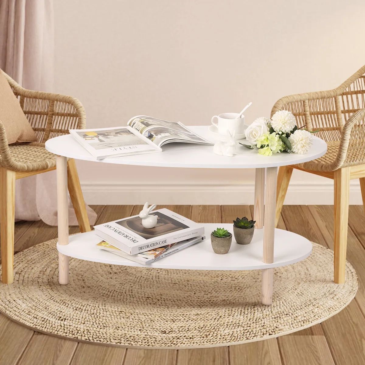 2 Tier Modern Oval Wood Coffee Table W/Open Storage Shelf Living Room  Furniture | Ebay With Regard To Coffee Tables With Open Storage Shelves (Photo 10 of 15)