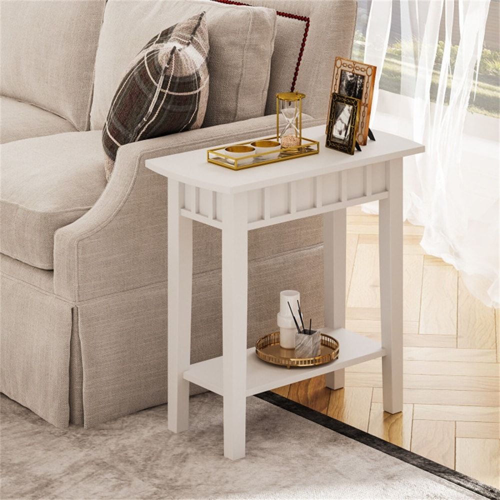 2 Tier Narrow Wood End Table With Storage Shelf For Small Spaces – Bed Bath  & Beyond – 38194171 In Wood Coffee Tables With 2 Tier Storage (Photo 14 of 15)
