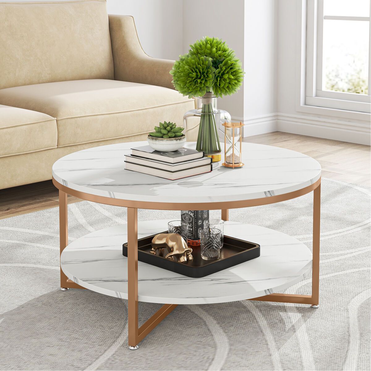 2 Tier Round Coffee Table With Storage, Modern Faux Marble Wood Coffee Table  | Ebay Intended For Modern Round Faux Marble Coffee Tables (View 3 of 15)