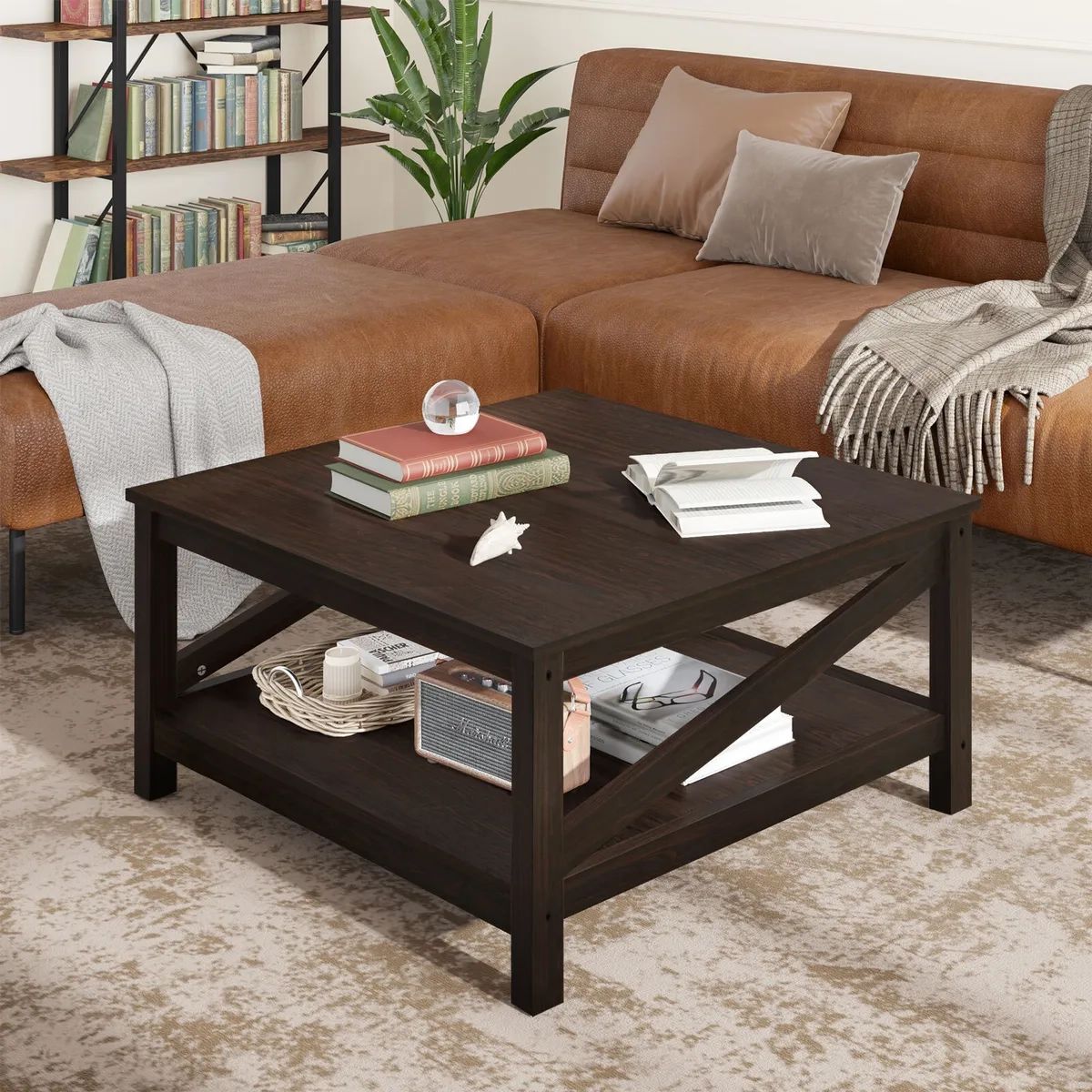 2 Tier Wood Square Coffee Table Farmhouse Cocktail Table With Storage  Shelves | Ebay Regarding Wood Coffee Tables With 2 Tier Storage (View 13 of 15)
