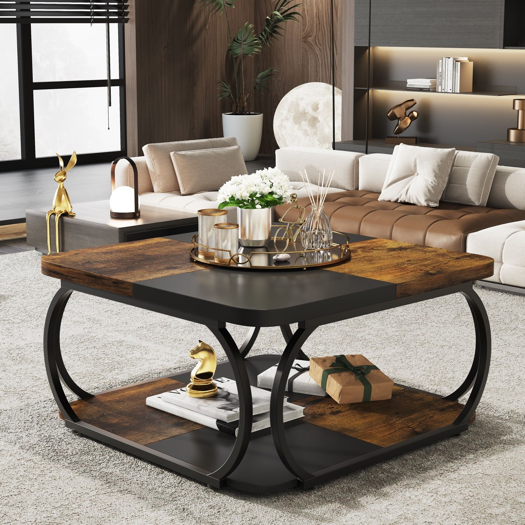 2 Tiers Square Coffee Table With Storage Shelf, 39 Inches Low Farmhouse Wood  Coffee Table For Living Room – On Sale – Bed Bath & Beyond – 38083953 In Wood Coffee Tables With 2 Tier Storage (View 8 of 15)