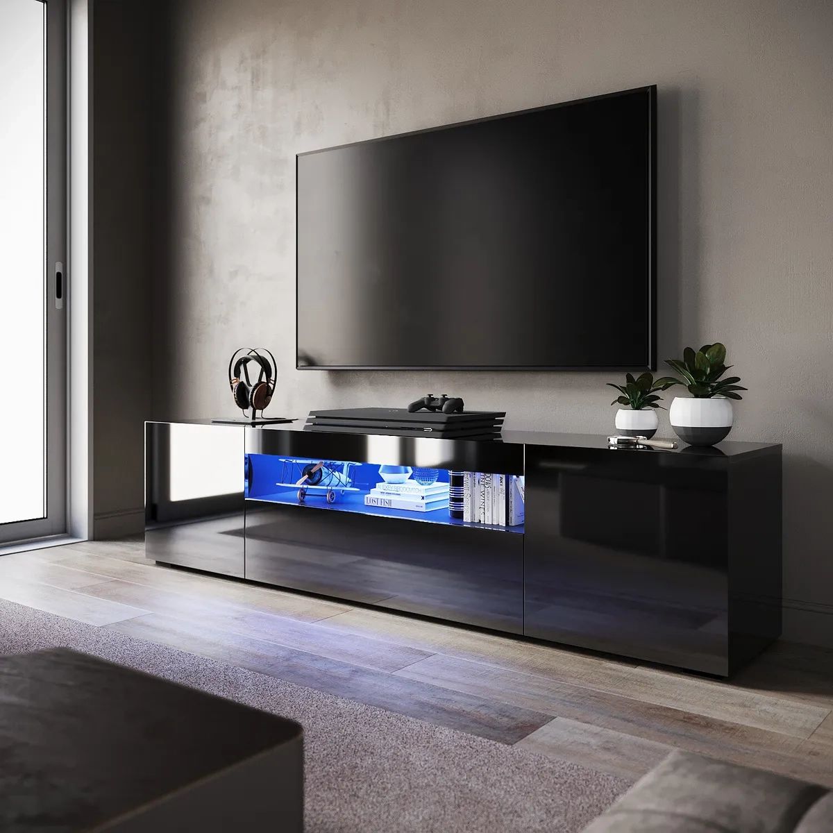 200Cm High Gloss Tv Stand Black Cabinet Unit Doors Storage With Rgb Led  Cupboard | Ebay Intended For Rgb Entertainment Centers Black (View 3 of 15)