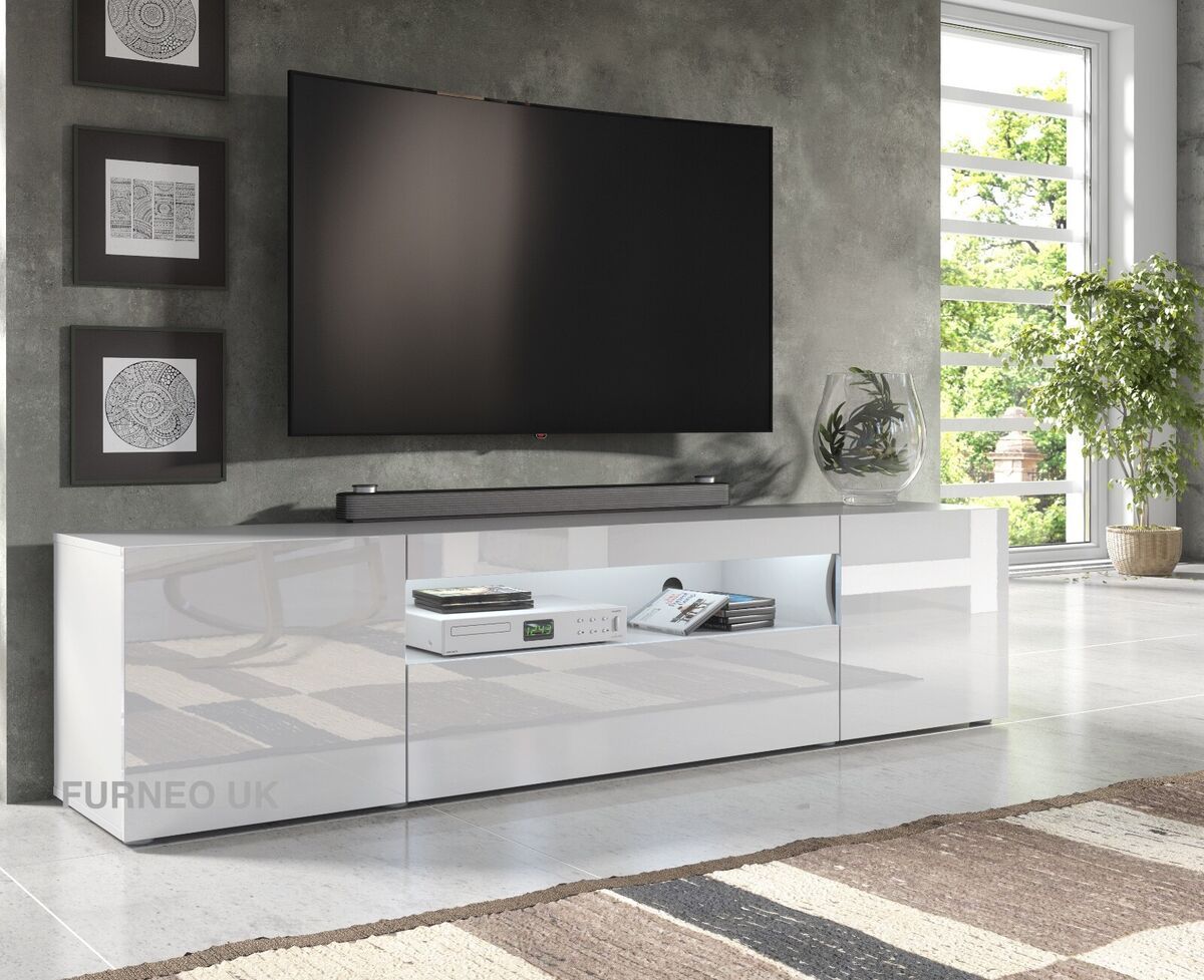 200Cm Tv Stand White Unit Modern Long Cabinet Gloss &Matt Clifton8 Led  Lights | Ebay In White Tv Stands Entertainment Center (Photo 1 of 15)