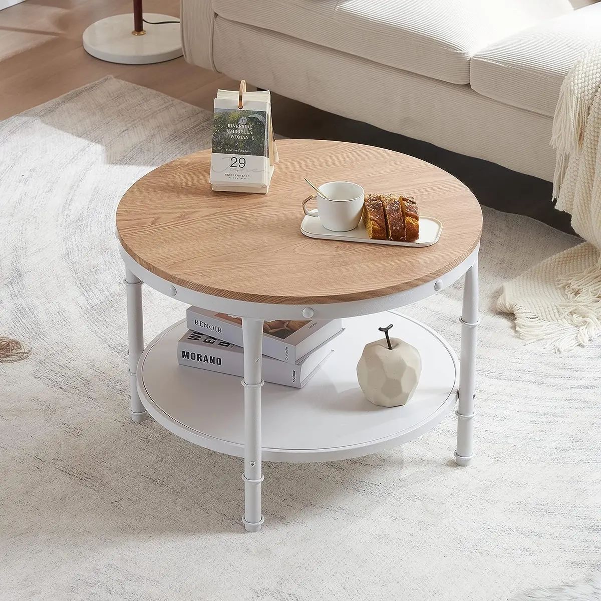 25.6″ Natural White Round Farmhouse Coffee Table, 2 Tier Storage Wood  Center | Ebay Regarding Wood Coffee Tables With 2 Tier Storage (Photo 4 of 15)
