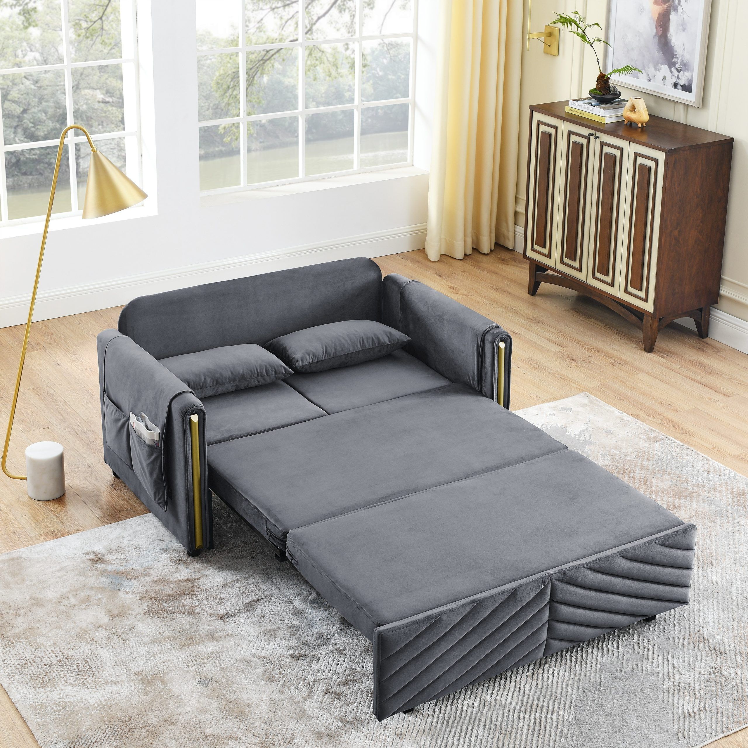 3 In 1 Convertible Sleeper Sofa Bed, 55" Multi Functional Pull Out Couch,  Velvet Loveseat Futon Bed W/2 Pillows & Storage Bags – Bed Bath & Beyond –  38908479 Throughout 3 In 1 Gray Pull Out Sleeper Sofas (Photo 3 of 15)