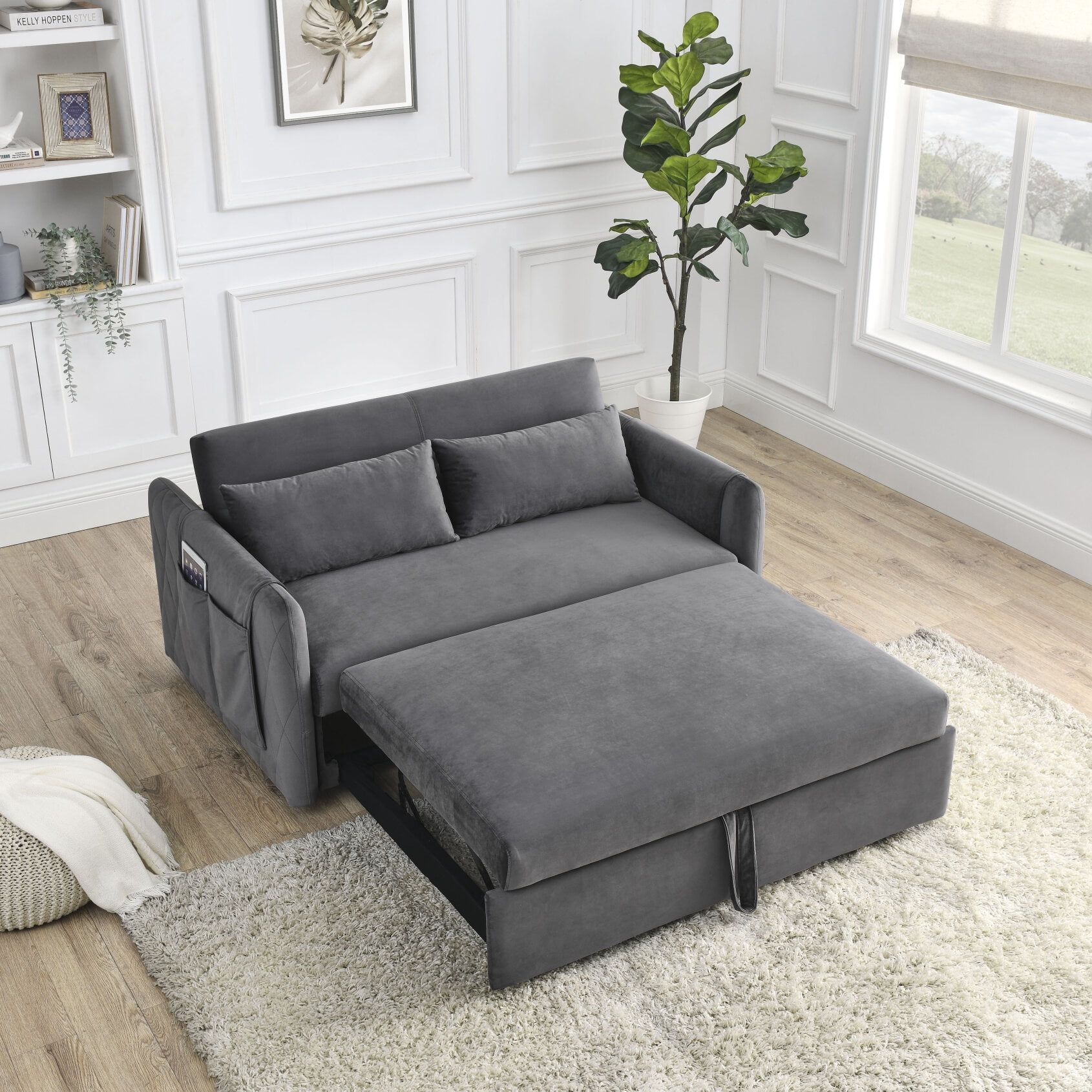 3 In 1 Convertible Sleeper Sofa Bed, Upholstered Pull Out Sofa With 2  Detachable Arm Pockets, Futon Sofa Bed With 2 Pillows And Adjustable  Backrest For Apartment Living Room – Walmart For 3 In 1 Gray Pull Out Sleeper Sofas (Photo 11 of 15)