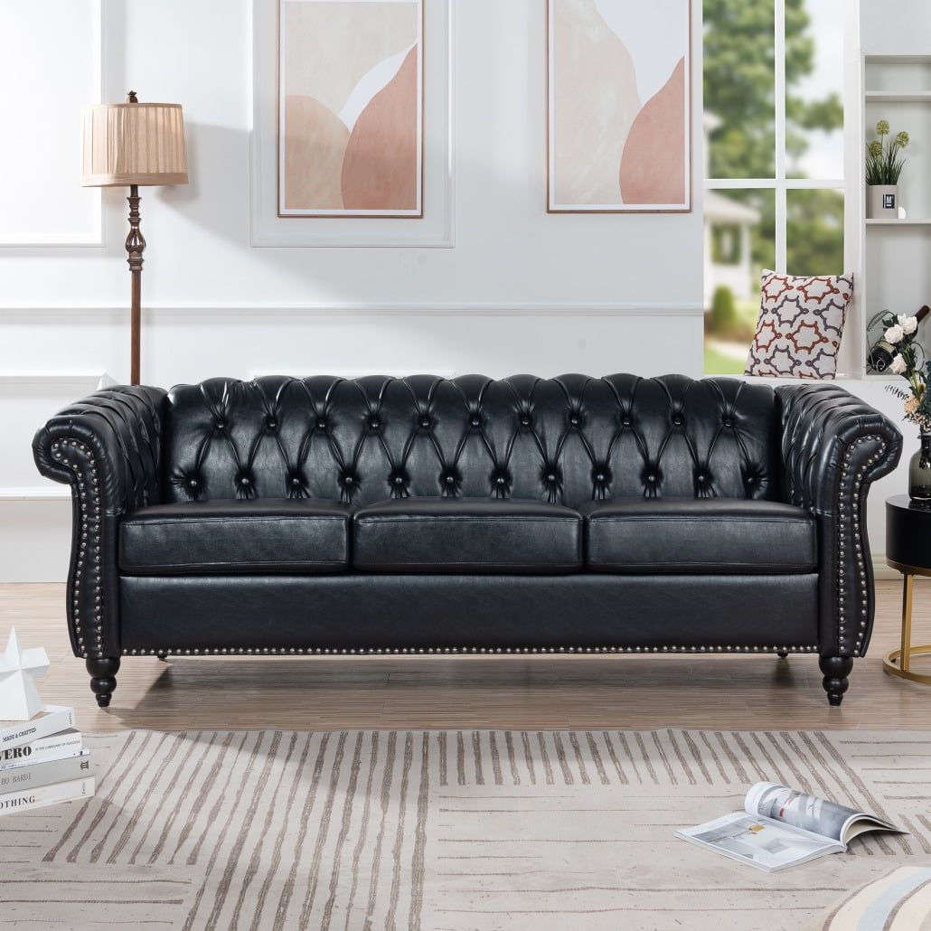 3 Seat Sofa Couch Pu Rolled Arm Sofa With Silver Studs Trim And Solid  Wooden Legs, Super Classic Living Room Sofa With Supple Leather, Chaise  Lounge Sofa Tv Sofa Upholstered Arm Sofa, For Traditional 3 Seater Faux Leather Sofas (Photo 11 of 15)