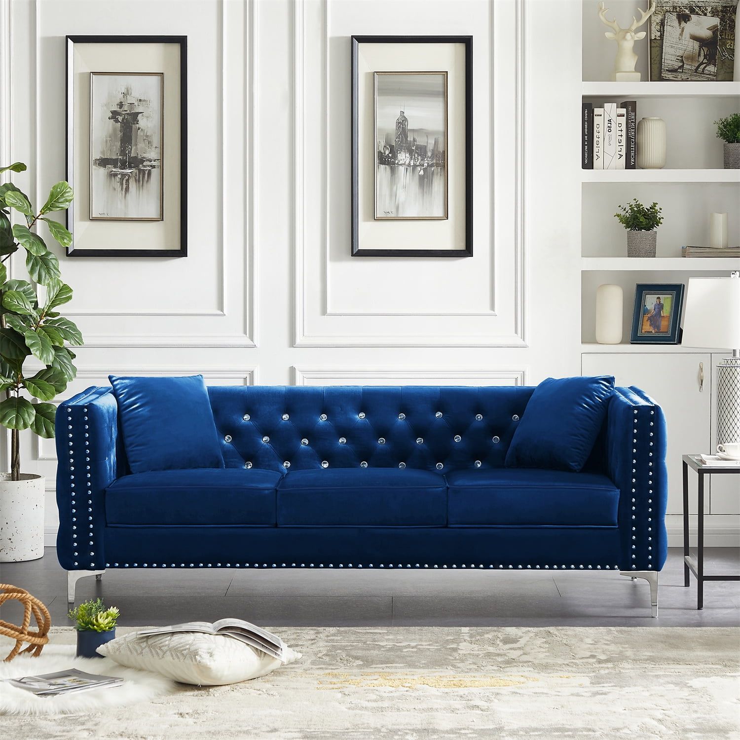 3 Seater Sofa, 82.3" Modern Velvet Tufted Upholstered Accent Sofa With 2  Pillows And Jeweled Buttons Velvet Sofa With Curved Backrest & Square Arm  And Metal Legs For Living Room Office, Blue – Pertaining To Tufted Upholstered Sofas (Photo 12 of 15)