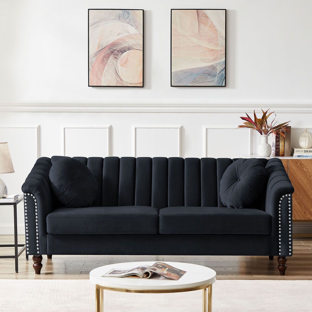 3 Seater Sofa Couch Velvet Upholstered Living Room W/2 Pillows Wooden Legs  Black | Ebay With Regard To Black Velvet 2 Seater Sofa Beds (View 15 of 15)