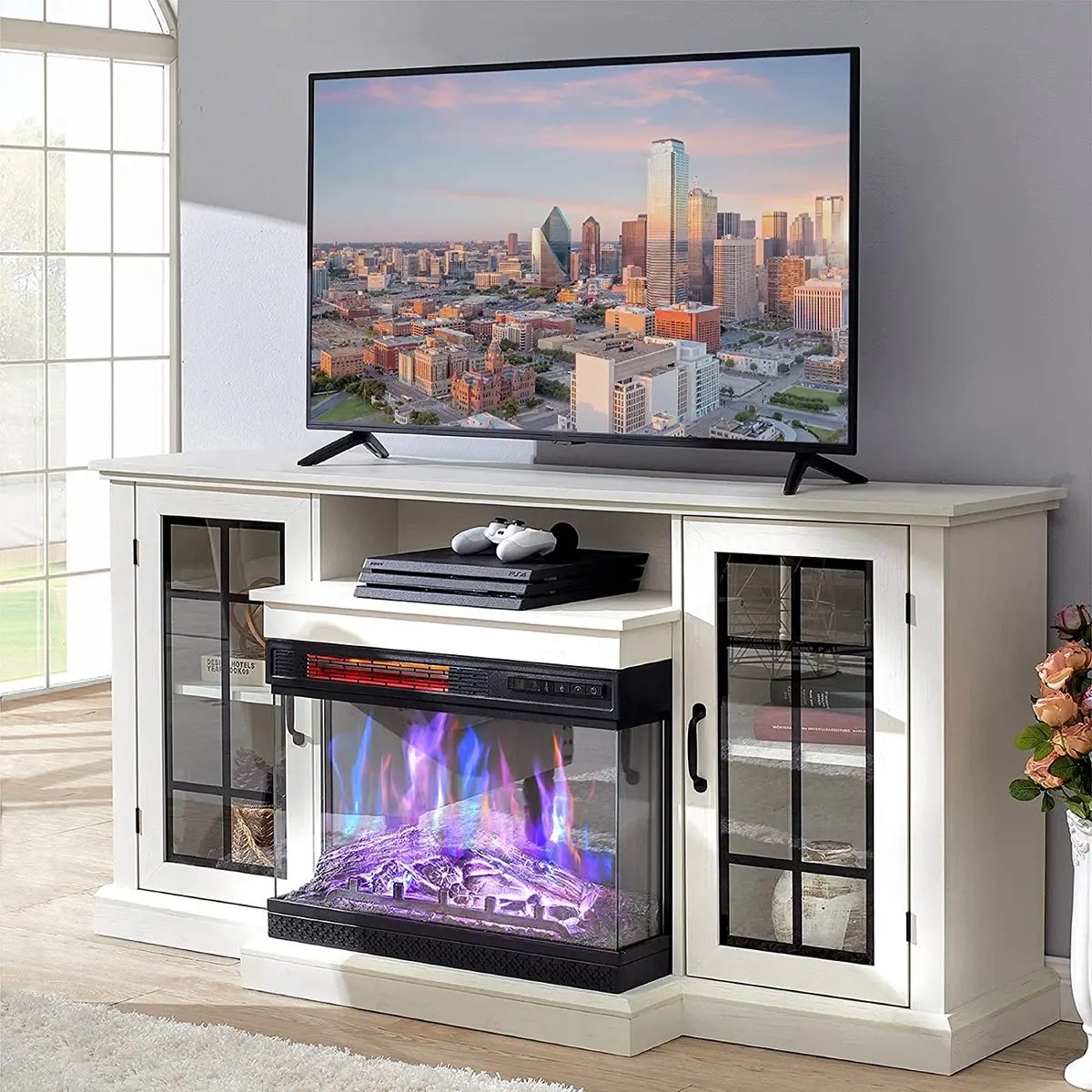 3 Sided Glass Fireplace Tv Stand For Tvs Up To 65", Glass Door, Distressed  White | Ebay With Regard To Modern Fireplace Tv Stands (View 13 of 15)