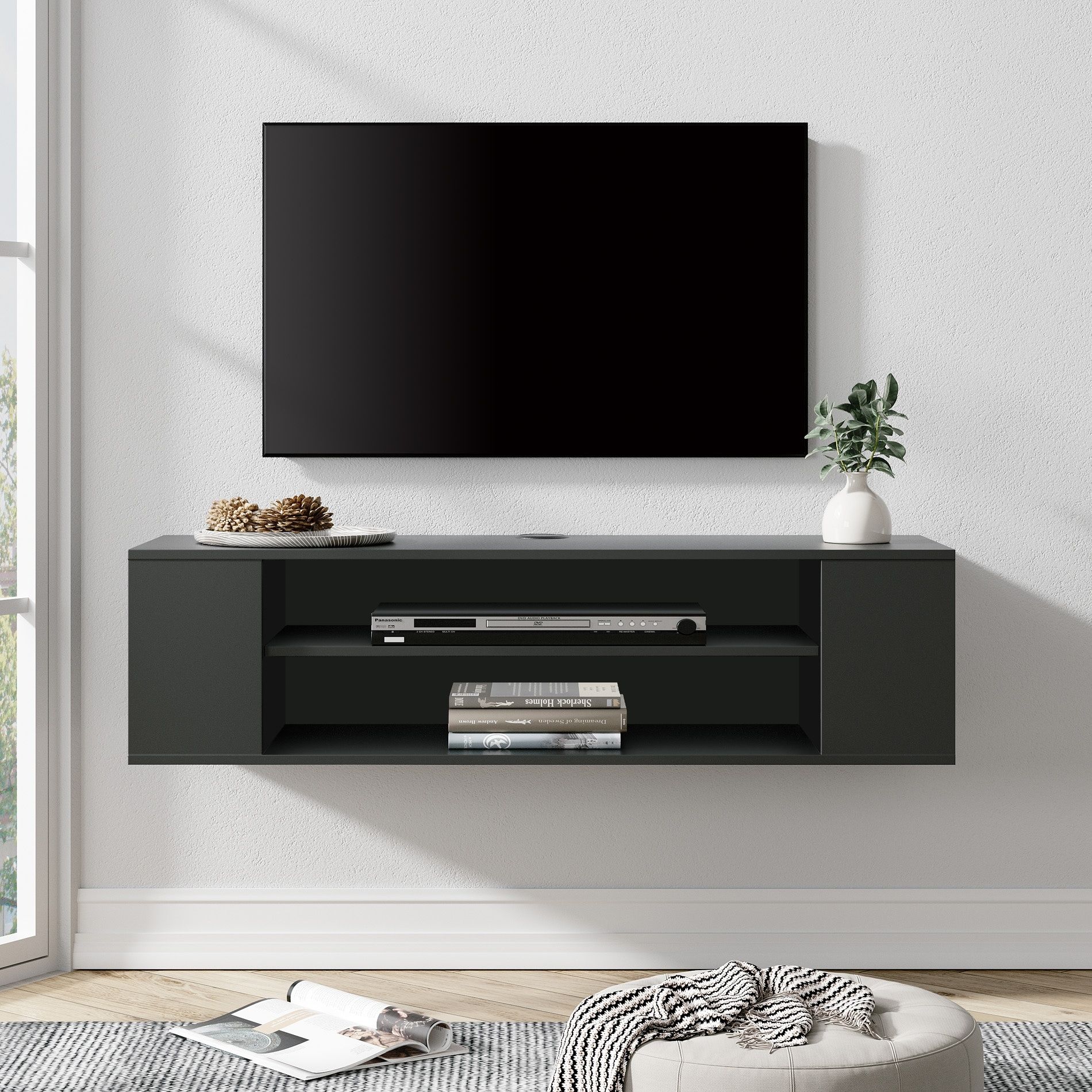 3 Tier Floating Tv Stand With Adjustable Shelves For Living Room, Black –  On Sale – Bed Bath & Beyond – 37782549 Pertaining To Tier Stands For Tvs (View 8 of 15)