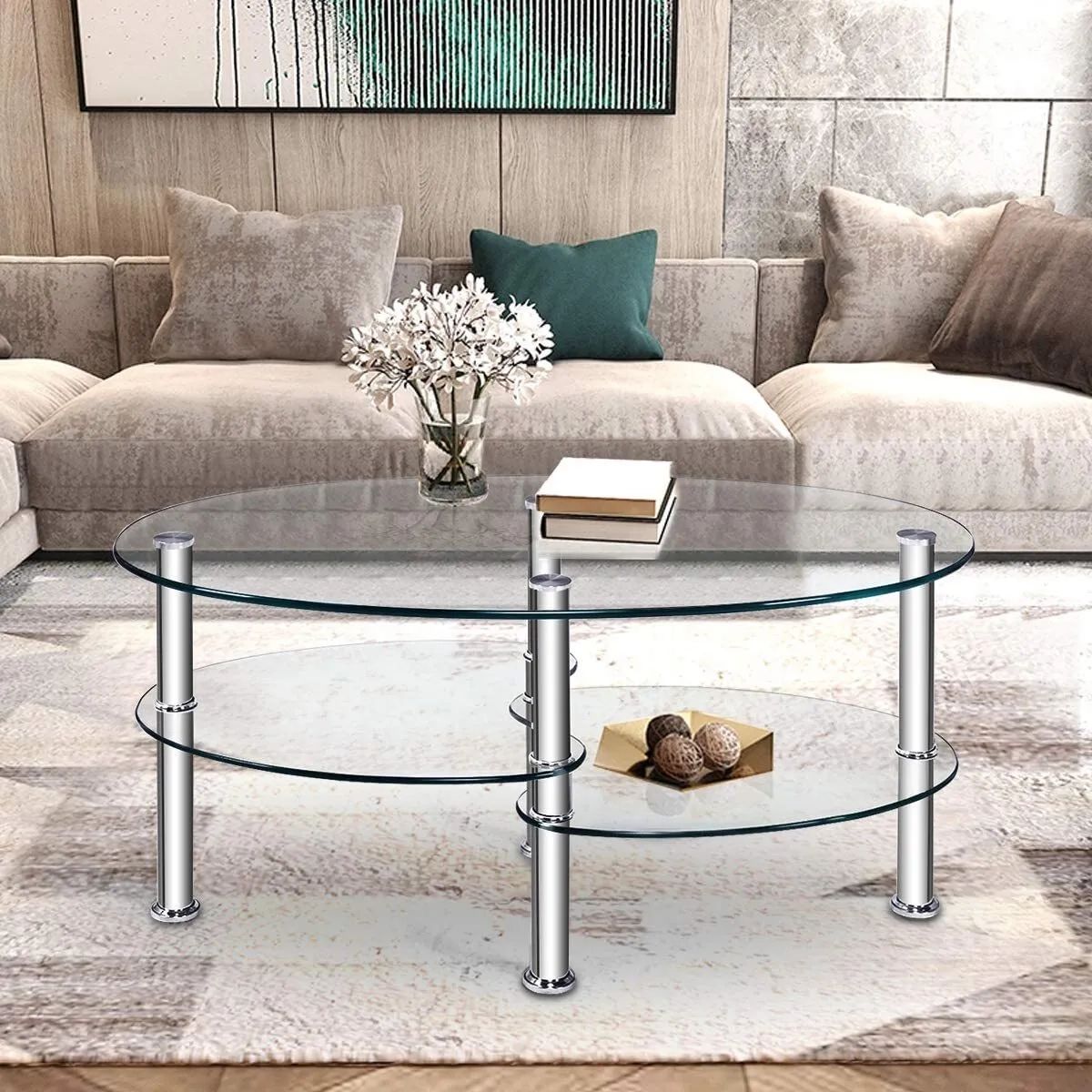 3 Tier Tempered Glass Oval Side Coffee Table Shelf Chrome Base Living Room  Home | Ebay In Tempered Glass Oval Side Tables (Photo 4 of 15)