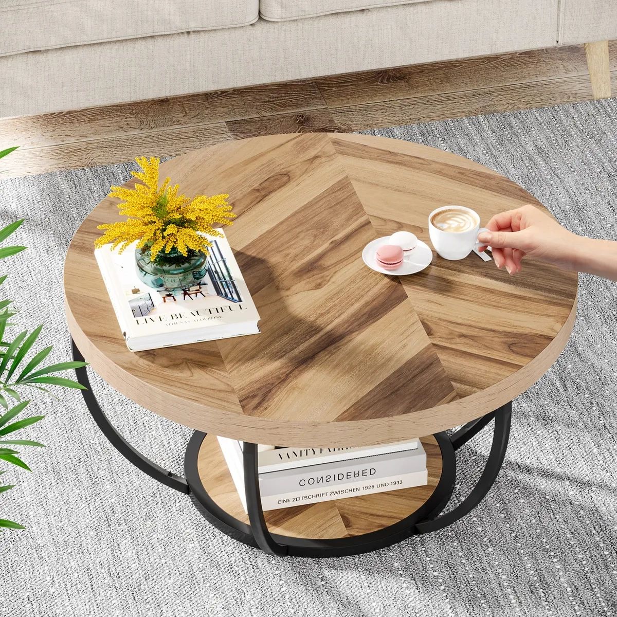 31.7" Round Coffee Table 2 Tier Wood Center Table With Storage For Living  Room | Ebay With Regard To Wood Coffee Tables With 2 Tier Storage (Photo 11 of 15)
