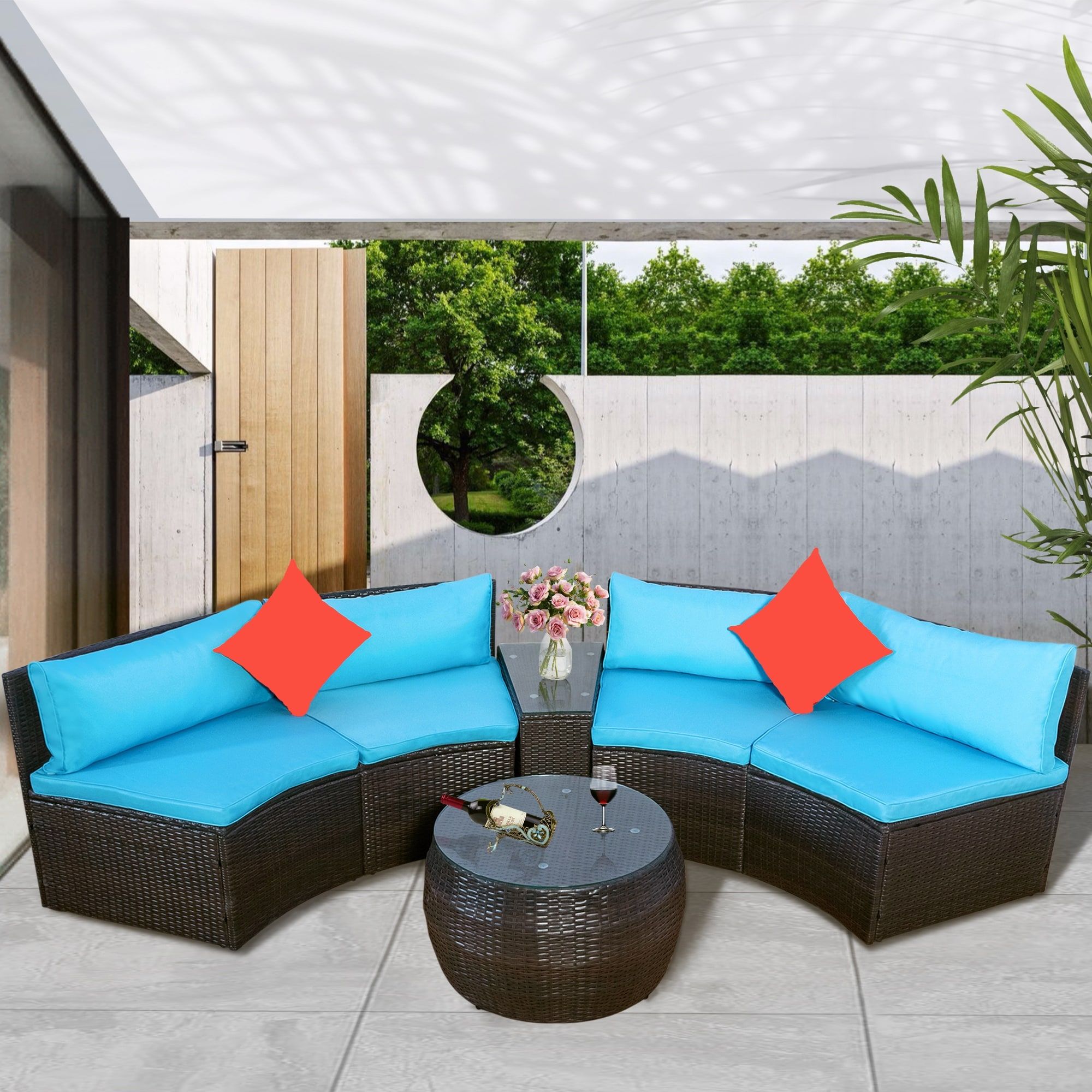 4 Piece Rattan Outdoor Patio Furniture Sofa Sets With Round Coffee Table,  Half Moon Sectional Sofa, With Cushion And Pillow – Bed Bath & Beyond –  37425352 With Outdoor Half Round Coffee Tables (View 10 of 15)