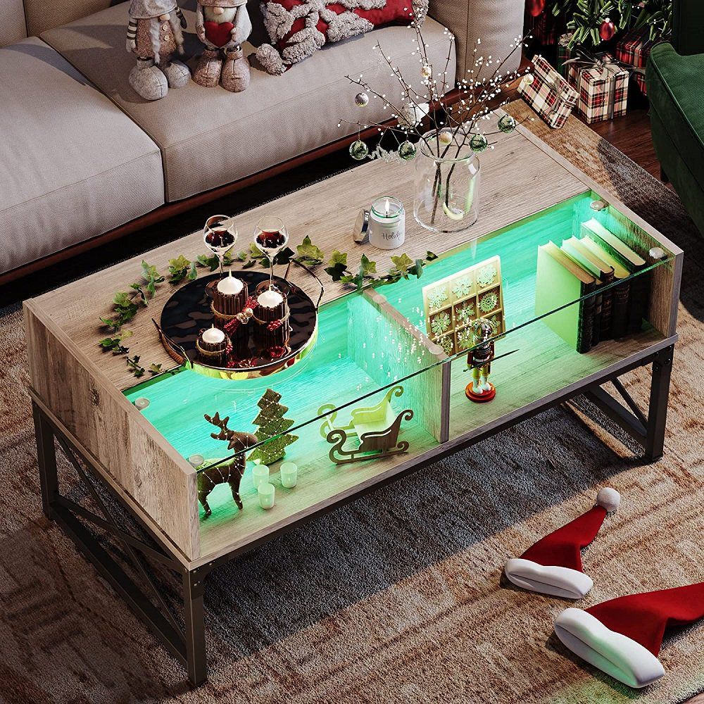 42 Inch Glass Coffee Table With Led Light & Storage For Living Room Rustic  | Ebay Intended For Coffee Tables With Led Lights (Photo 10 of 15)