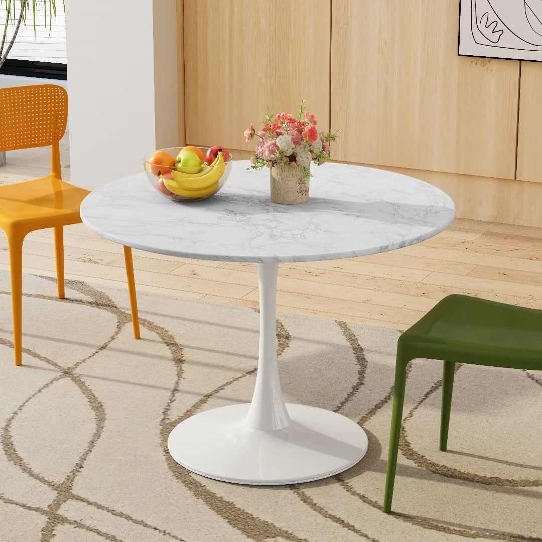 42" Round Dining Table With Printed Marble Table Top, Metal Base Pedestal  Kitchen Table For 4 6 Person, Side Table Coffee Table For Living Room  Dining Room Kitchen Small Space, White – Walmart Pertaining To Coffee Tables For 4 6 People (View 5 of 15)