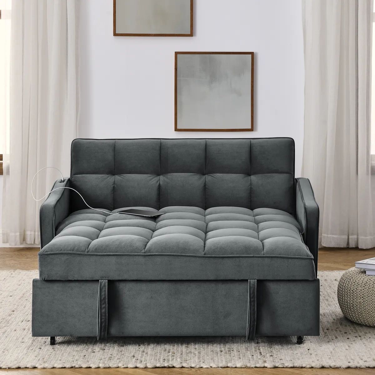47" Convertible Sleeper Sofa Velvet Loveseat Convertible Pull Out Sofa Bed  Gray | Ebay For Convertible Gray Loveseat Sleepers (Photo 1 of 15)