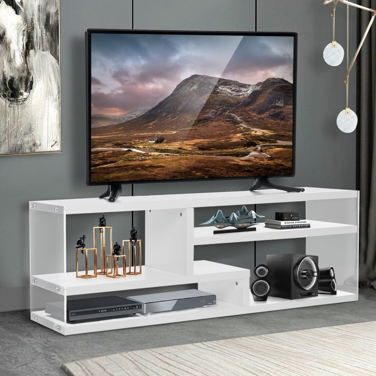 51 White Wood Tv Stand With Acrylic For Tvs Up To 55 India | Ubuy Intended For Modern Stands With Shelves (View 4 of 15)
