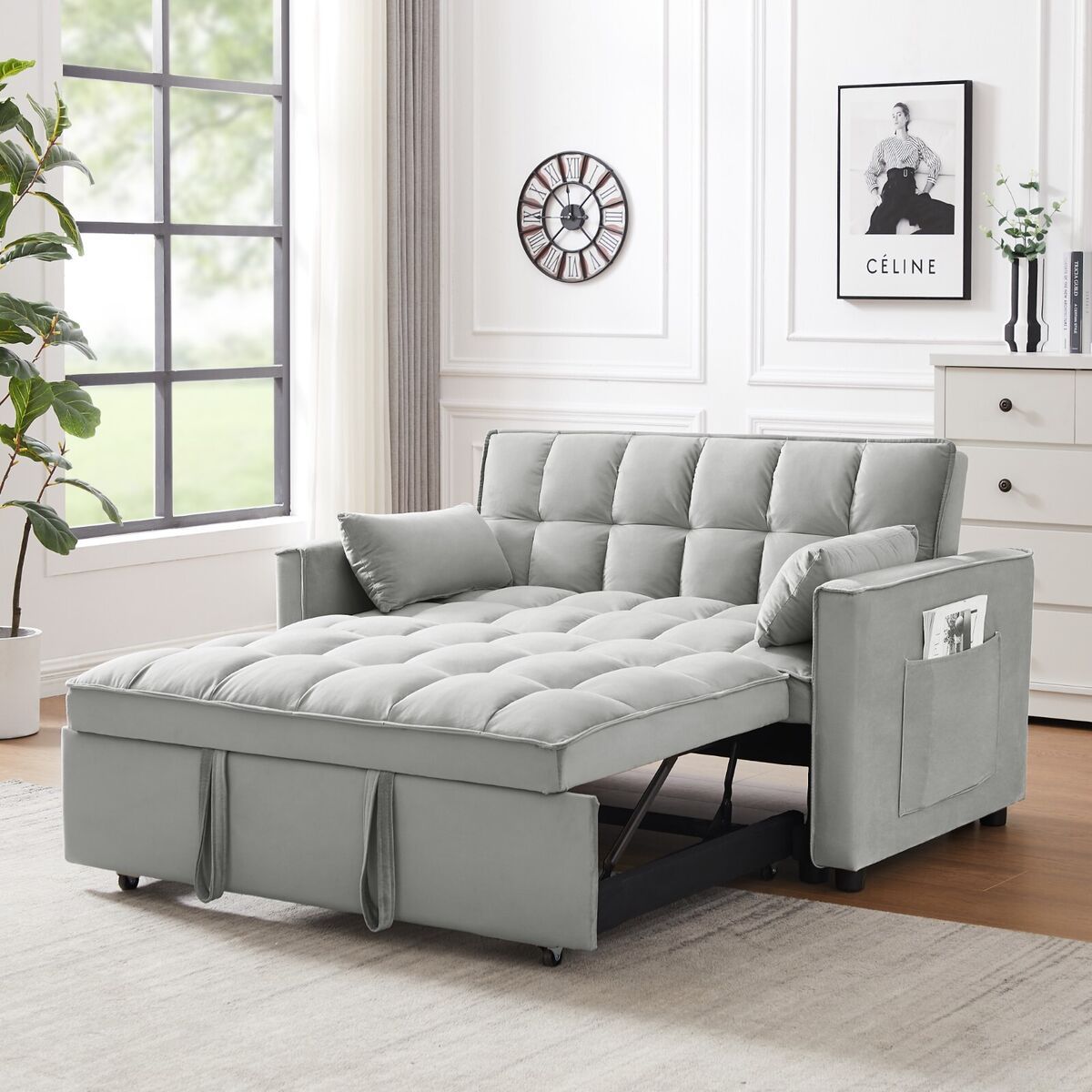 55" Convertible Sofa Bed Velvet Sleeper Loveseat Sofa Pull Out Bed W Pocket  Gray | Ebay With Convertible Gray Loveseat Sleepers (View 8 of 15)