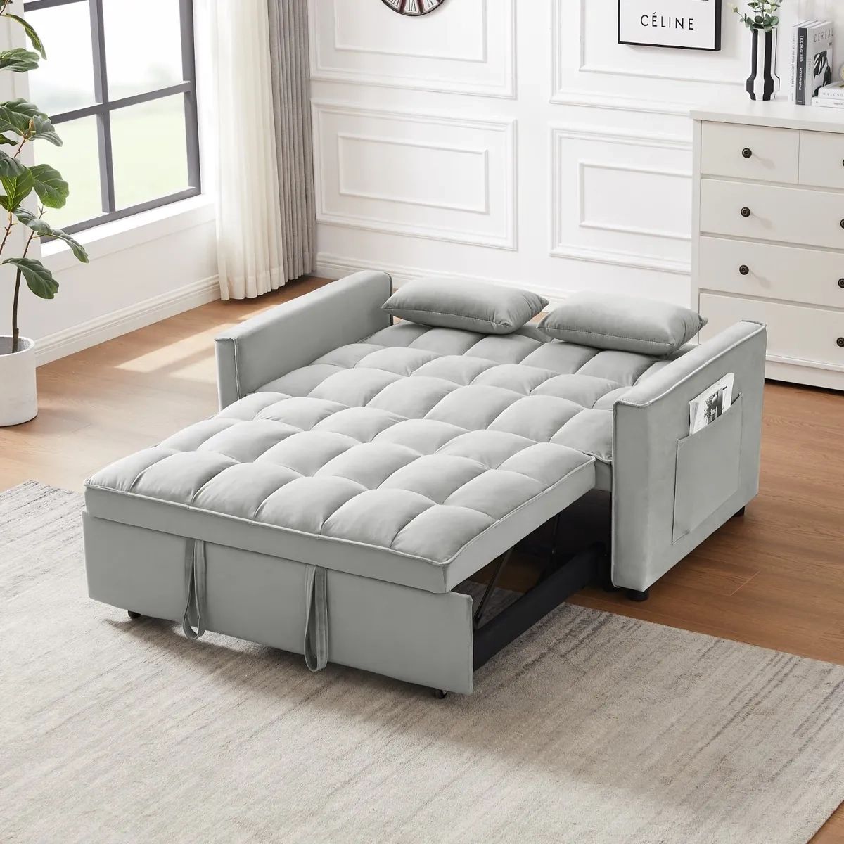 55" Convertible Sofa Bed Velvet Sleeper Loveseat Sofa Pull Out Bed W Pocket  Gray | Ebay Within Convertible Gray Loveseat Sleepers (View 14 of 15)