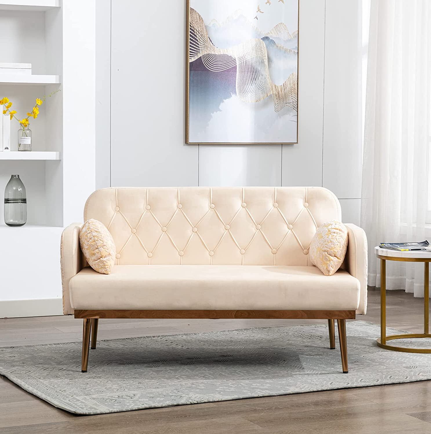 55 Inch Small Velvet Sofa With Two Elegant Moon Shape Pillows, Modern Twin  Size Accent Sofa Couch With Golden Metal Legs & Tufted Backrest & Delicate  Armrests, Loveseat Sofa For Living Room, Beige – Within Elegant Beige Velvet Sofas (View 12 of 15)