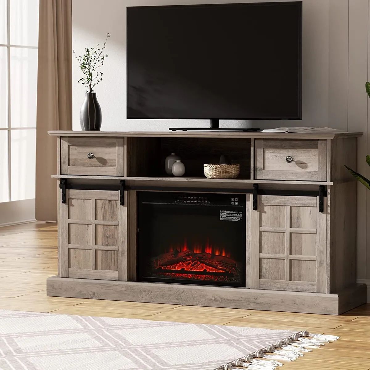 58" Farmhouse Tv Stand For Tvs Up To 65" Entertainment Center Media W/  Fireplace | Ebay Within Farmhouse Media Entertainment Centers (View 8 of 15)