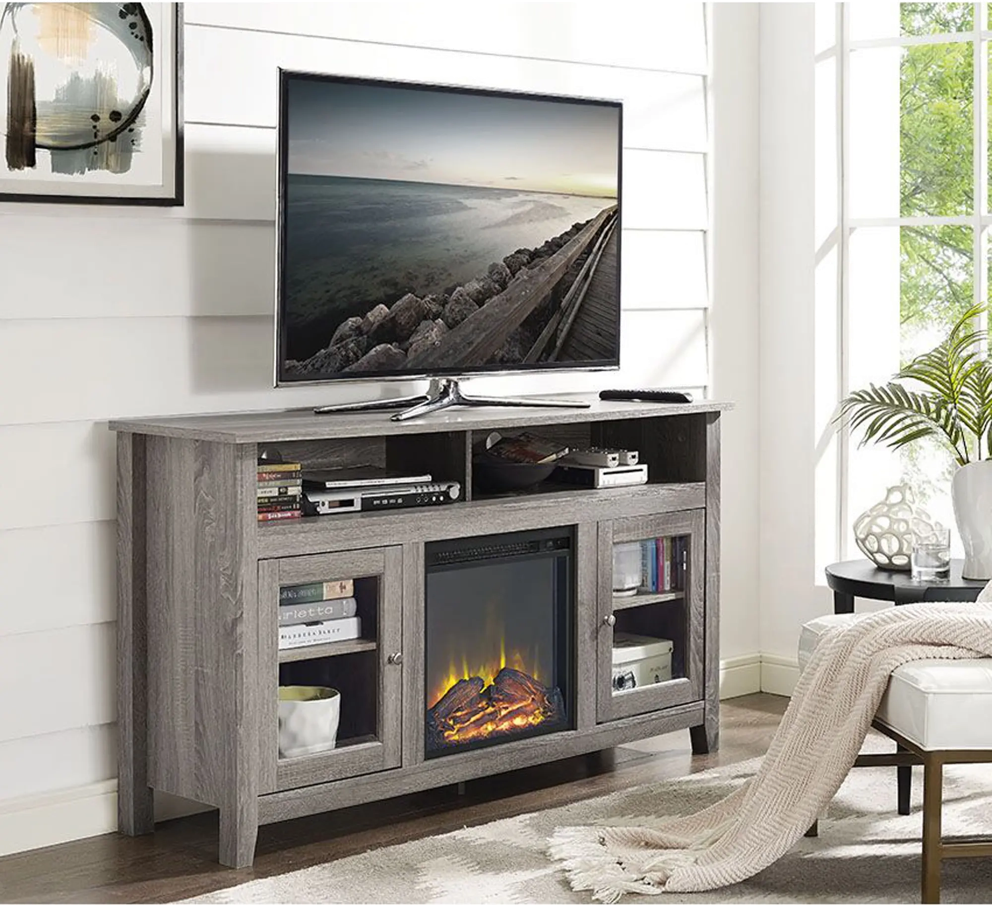 58 Inch Driftwood Brown Highboy Fireplace Tv Stand – Walker Edison | Rc  Willey For Wood Highboy Fireplace Tv Stands (Photo 13 of 15)